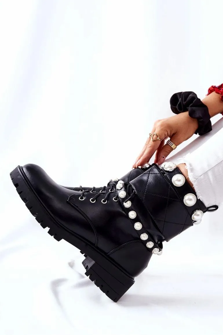 Botki Damskie Z Perełkami Czarne Mystique