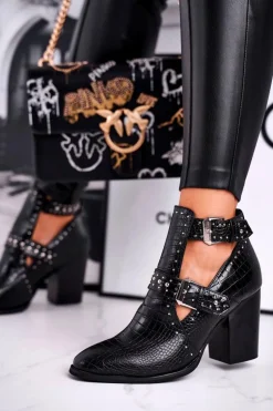 Botki Damskie Z Wycięciami Croco Czarne Aria