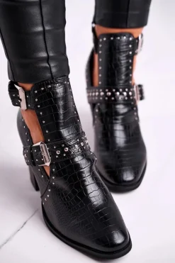 Botki Damskie Z Wycięciami Croco Czarne Aria