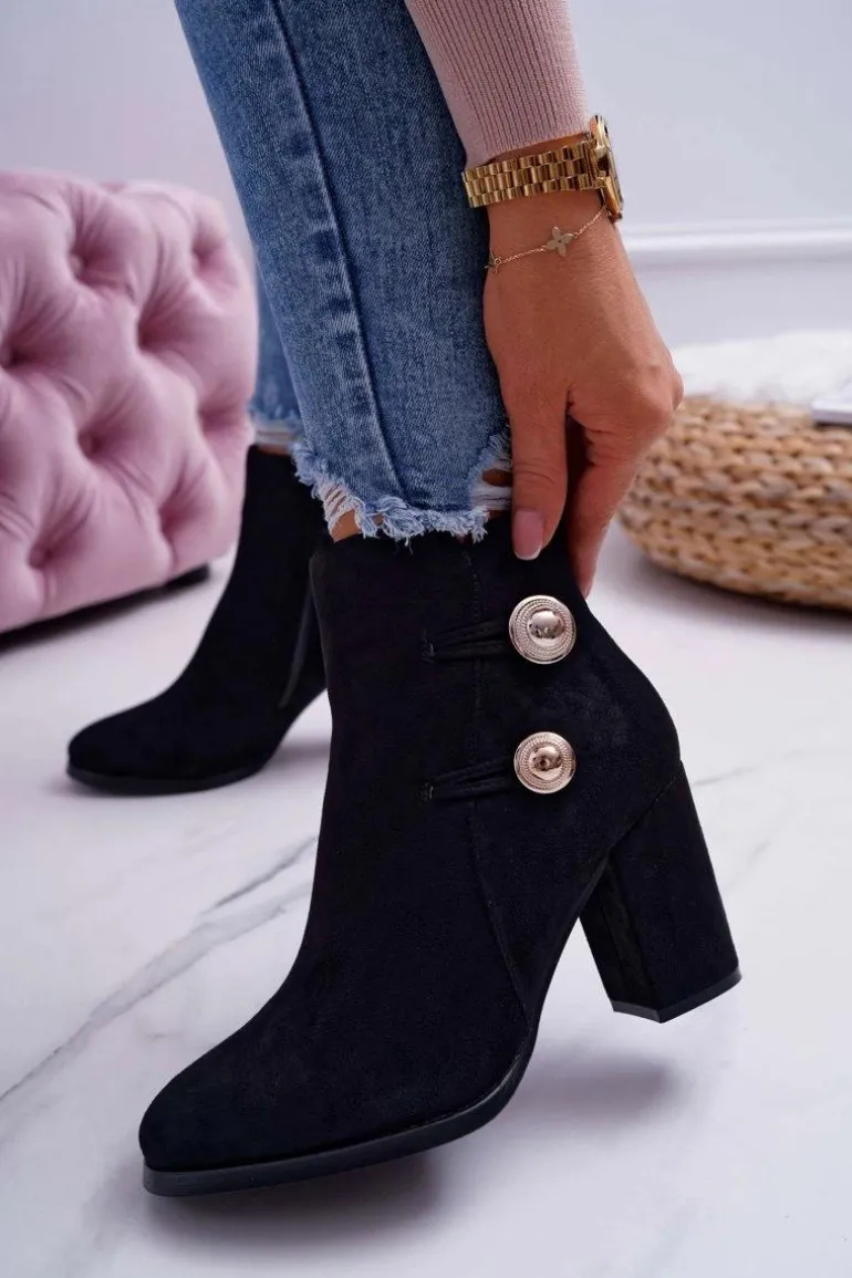 Botki Damskie Zamszowe na Słupku Czarne Barski 73-2