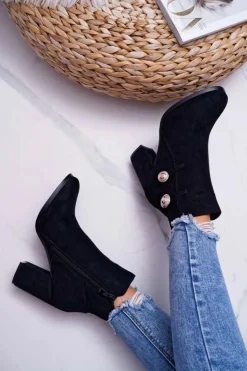 Botki Damskie Zamszowe na Słupku Czarne Barski 73-2