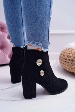 Botki Damskie Zamszowe na Słupku Czarne Barski 73-2