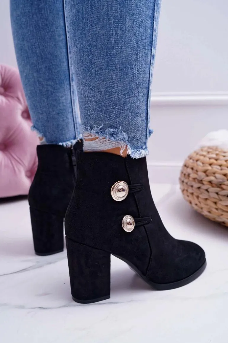 Botki Damskie Zamszowe na Słupku Czarne Barski 73-2