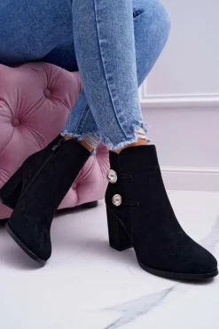 Botki Damskie Zamszowe na Słupku Czarne Barski 73-2