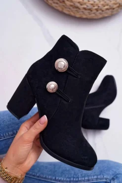 Botki Damskie Zamszowe na Słupku Czarne Barski 73-2
