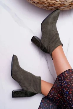 Botki Damskie Zamszowe Na Słupku Khaki Ferrous