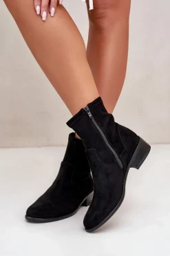 Botki Damskie Zapinane Na Zamek Z Ozdobnym Detalem Eko Zamszowe Czarne Lerioria