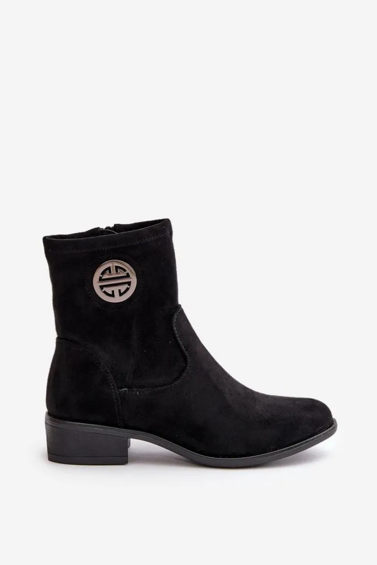 Botki Damskie Zapinane Na Zamek Z Ozdobnym Detalem Eko Zamszowe Czarne Lerioria