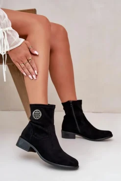 Botki Damskie Zapinane Na Zamek Z Ozdobnym Detalem Eko Zamszowe Czarne Lerioria