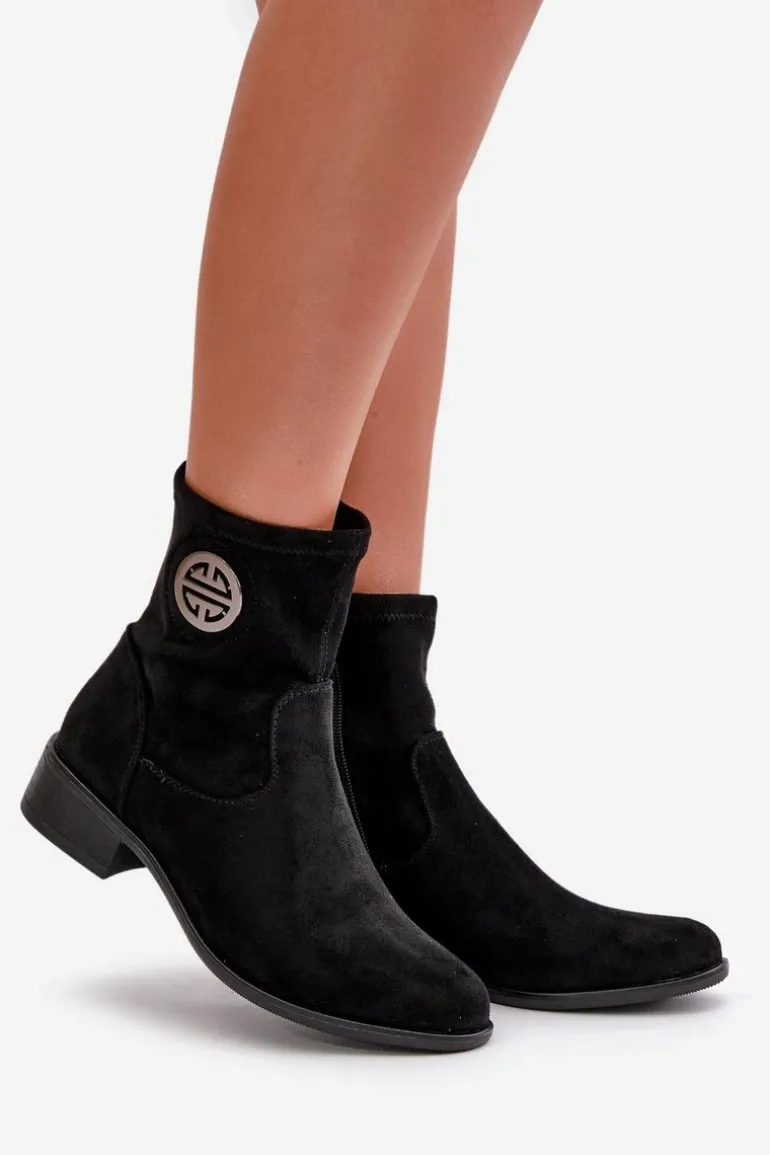 Botki Damskie Zapinane Na Zamek Z Ozdobnym Detalem Eko Zamszowe Czarne Lerioria