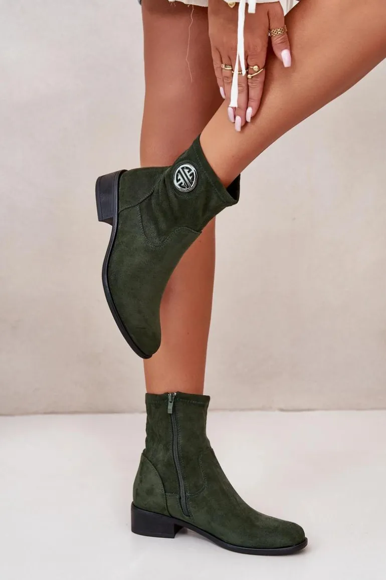 Botki Damskie Zapinane Na Zamek Z Ozdobnym Detalem Eko Zamszowe Zielone Lerioria