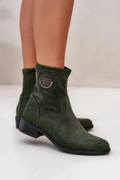 Botki Damskie Zapinane Na Zamek Z Ozdobnym Detalem Eko Zamszowe Zielone Lerioria