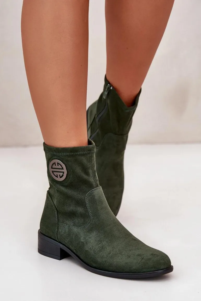 Botki Damskie Zapinane Na Zamek Z Ozdobnym Detalem Eko Zamszowe Zielone Lerioria
