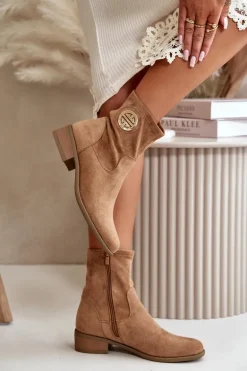 Botki Damskie Zapinane Na Zamek Z Ozdobnym Detalem Eko Zamszowe Beżowe Lerioria