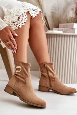 Botki Damskie Zapinane Na Zamek Z Ozdobnym Detalem Eko Zamszowe Beżowe Lerioria