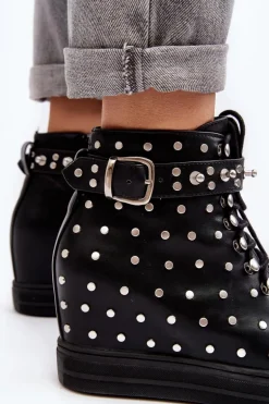 Botki Damskie Zdobione Dżetami Na Koturnie Lu Boo Czarne