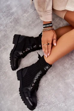 Botki Damskie Ze Skarpetą Wiązane Czarne Livaro