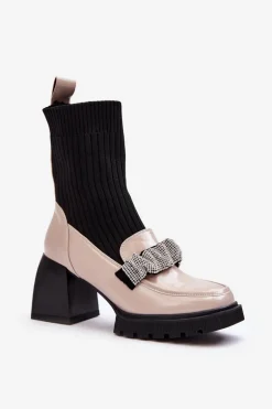 Botki Damskie Ze Skarpeta Na Obcasie Beżowe S.Barski MR870-41