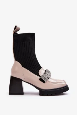 Botki Damskie Ze Skarpeta Na Obcasie Beżowe S.Barski MR870-41