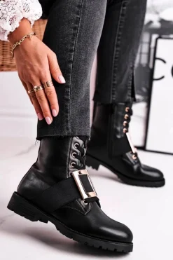 Botki Damskie Ze Złotą Klamrą Happy Su Czarne