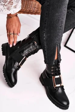 Botki Damskie Ze Złotą Klamrą Happy Su Czarne