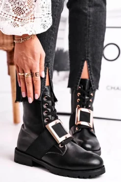 Botki Damskie Ze Złotą Klamrą Happy Su Czarne