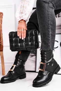 Botki Damskie Ze Złotą Klamrą Happy Su Czarne