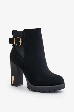 Botki Damskie Ze Złotą Klamrą Na Słupku Ocieplane Czarne Erilanes