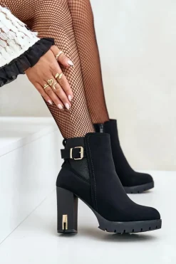 Botki Damskie Ze Złotą Klamrą Na Słupku Ocieplane Czarne Erilanes