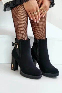 Botki Damskie Ze Złotą Klamrą Na Słupku Ocieplane Czarne Erilanes