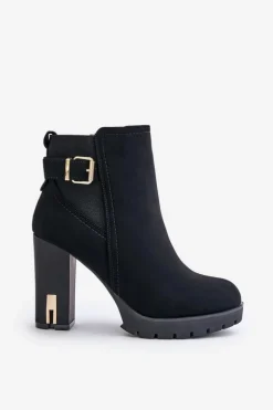 Botki Damskie Ze Złotą Klamrą Na Słupku Ocieplane Czarne Erilanes