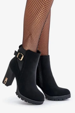 Botki Damskie Ze Złotą Klamrą Na Słupku Ocieplane Czarne Erilanes