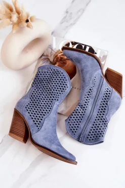 Botki Kowbojki Ażurowe Na Słupku Niebieskie Caroline