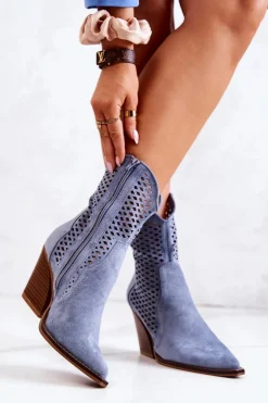 Botki Kowbojki Ażurowe Na Słupku Niebieskie Caroline