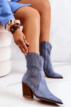 Botki Kowbojki Ażurowe Na Słupku Niebieskie Caroline