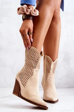 Botki Kowbojki Ażurowe Na Słupku Beżowe Caroline