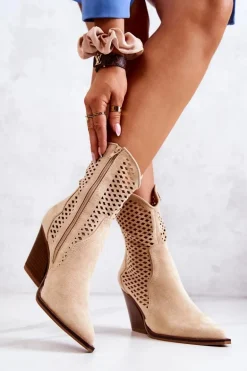 Botki Kowbojki Ażurowe Na Słupku Beżowe Caroline