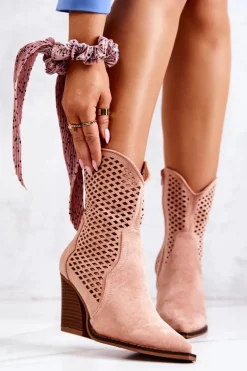 Botki Kowbojki Ażurowe Na Słupku Różowe Caroline