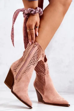 Botki Kowbojki Ażurowe Na Słupku Różowe Caroline