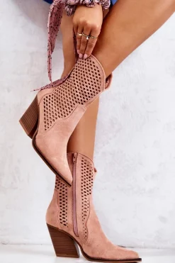 Botki Kowbojki Ażurowe Na Słupku Różowe Caroline