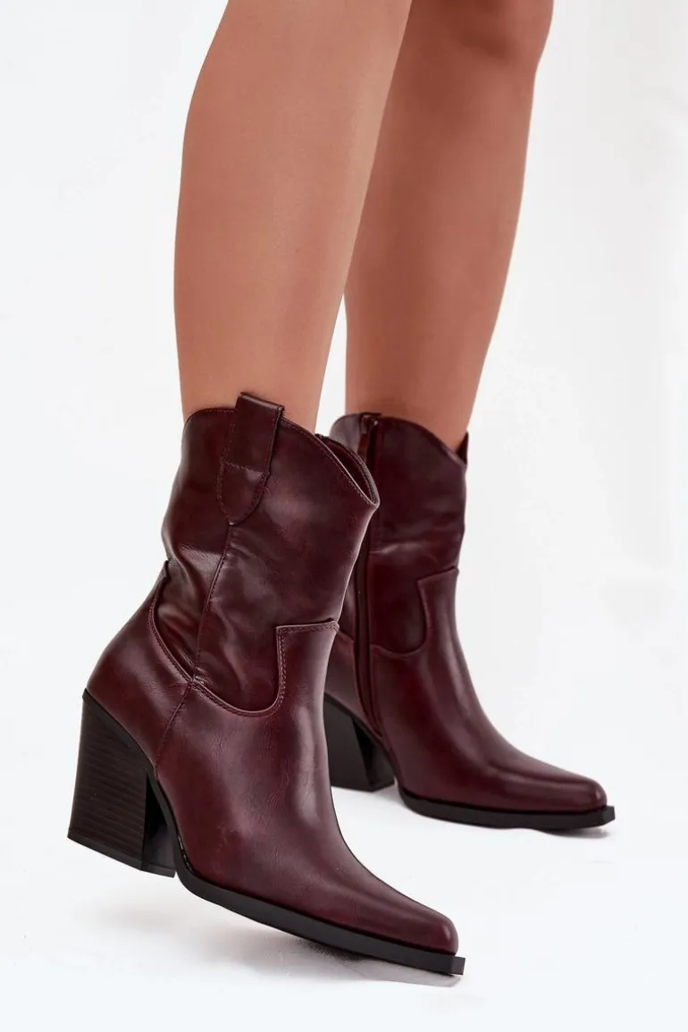 Botki Kowbojki Damskie Eko Skórzane Na Słupku Bordowe Morelia
