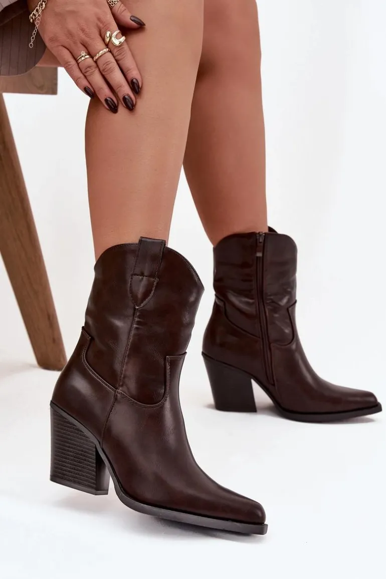 Botki Kowbojki Damskie Eko Skórzane Na Słupku Czekoladowe Morelia