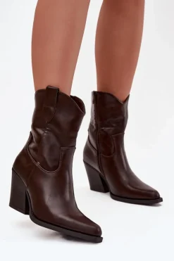 Botki Kowbojki Damskie Eko Skórzane Na Słupku Czekoladowe Morelia