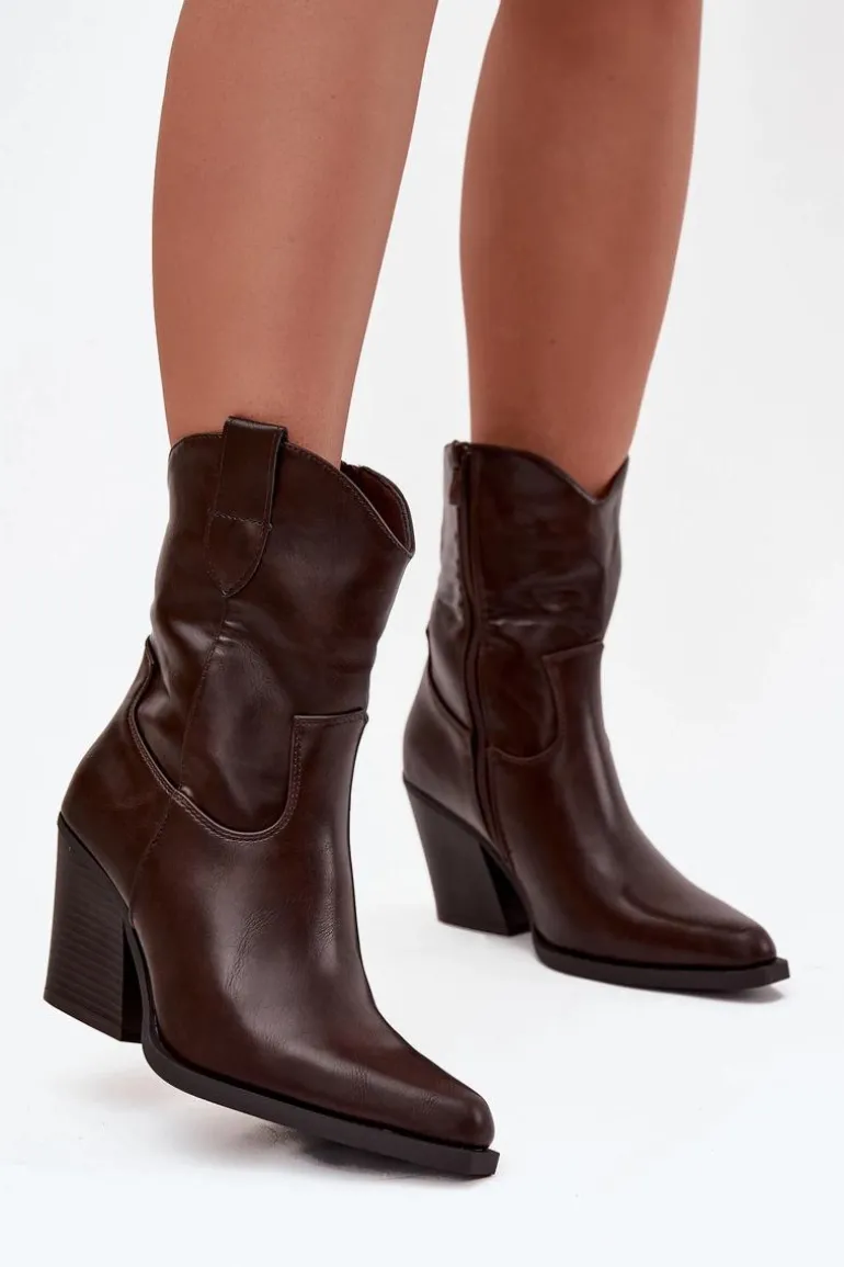 Botki Kowbojki Damskie Eko Skórzane Na Słupku Czekoladowe Morelia