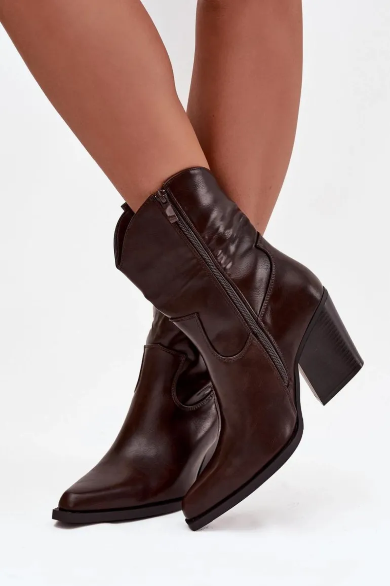 Botki Kowbojki Damskie Eko Skórzane Na Słupku Czekoladowe Morelia