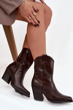 Botki Kowbojki Damskie Eko Skórzane Na Słupku Czekoladowe Morelia