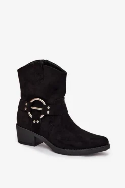 Botki Kowbojki Damskie Na Obcasie Z Ozdobnym Detalem Czarne Halivine