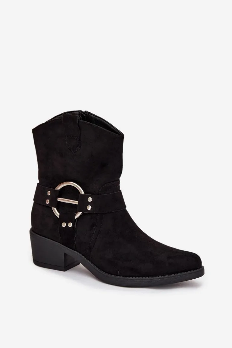 Botki Kowbojki Damskie Na Obcasie Z Ozdobnym Detalem Czarne Halivine