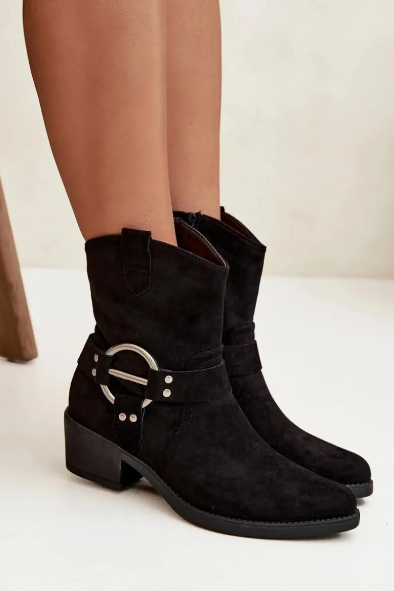 Botki Kowbojki Damskie Na Obcasie Z Ozdobnym Detalem Czarne Halivine