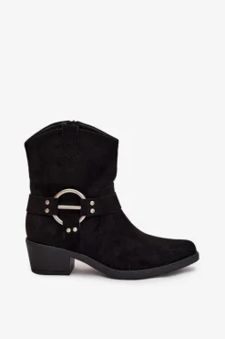 Botki Kowbojki Damskie Na Obcasie Z Ozdobnym Detalem Czarne Halivine